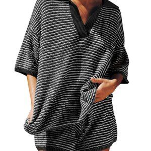 Womens Casual 2 Pieces Set Knit Lounge Oversized V-Neck Top & Drawstring Short